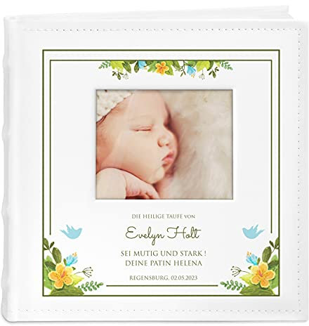 Maverton Einsteckalbum + mit Aufdruck - für 200 Fotos 10x15-100 weiße Seiten - Größe 21x22cm - Weiß - Geschenk für Kind zur Geburt Taufe zum Geburtstag - Blümchen