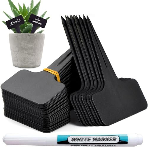 Orrdiffi 100 pièces Etiquette Jardin Exterieur Marqueurs en Plastique de Plantes Type T Plastique Etiquette Potager avec Stylo étanche Etiquetage Réutilisable et Accessoires pour Plantes(Noir)