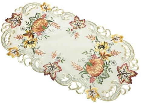 Tischläufer Tischdecke Mitteldecke Tischband Herbstdecke gestickt Kürbis Sonnenblume Herbstblätter Creme Polyester (35x70)
