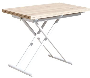 PEGANE Table Basse relevable rectangulaire Extensible Coloris chêne/Pieds Blanc - Longueur 100 x Largeur 50-100 cm
