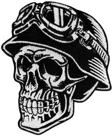 Urbanski Patch Totenkopf Skull Biker mit Helm Motorrad Motorcycle zum Aufbügeln 9,5 x 7,5 cm | Aufnäher Applikation Bügelbild