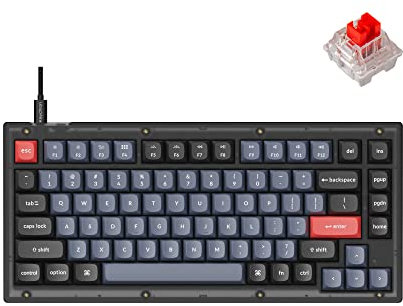 Keychron V1 Wired Custom Mechanical Keyboard, 75% Layout QMK/VIA Programmable Macro with Hot-swappable Keychron K Pro Red Switch Compatible with Mac Windows Linux (Frosted Black - Translucent)