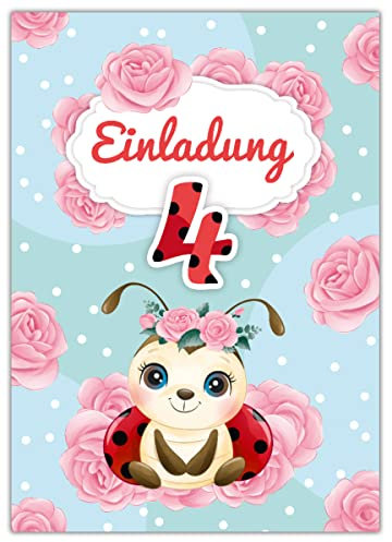 Junapack 12 Einladungskarten zum 4. Kindergeburtstag vierte Geburtstag Mädchen Marienkäfer