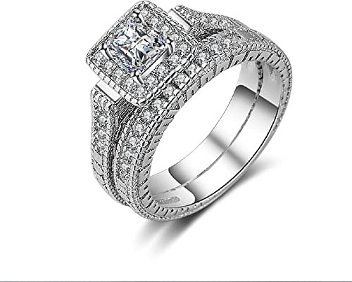 Vintage Fashion Women's 925 Sterling Silver Square Stone Ring Pattern Set Ring Square Cushion Cut Cubic AAA Zircon Statement Engagement Ring CZ Sparkling Wedding Size 6-10 638 (9)