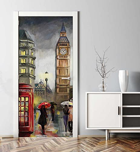 MyMaxxi - Tür bekleben mit Türtapete Türposter Türfolie Selbstklebend 90x200 Londoner Innenstadt gemalt - Tür verschönern Türaufkleber Türklebefolie Kunst Farbe Sehenswürdigkeit braun