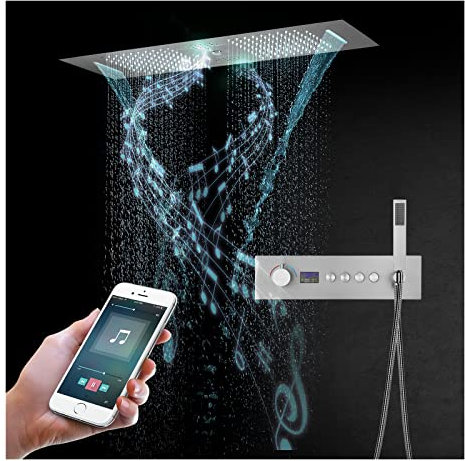 SWHC Musik Duschsystem Unterputz, 64 Farben RGB LED Duschset mit Digitaler Bildschirm, Deckenmontage Thermostatisch Brausegarnitur Regenduschset mit 900 * 300mm 3 Funktionen Duschkopf,Brushed