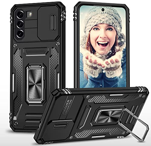 ATISIJIE Hülle für Samsung Galaxy S21 Plus 5G Handyhülle [Slide Camera Kameraschutz], Metall 360 Grad Metal Ring Halter Standard Stoßfest Schutzhülle Case Cover Schutzfolie Schwarz
