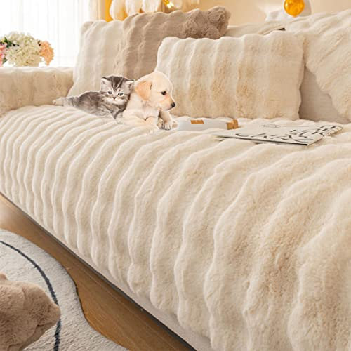 HAGUAN Thick Rabbit Plush Sofa Cushion, 2023 NEW Universal Covers, Super Soft Faux Fur Non Slip Furniture Protector (Lumbar Pillowcase 30*50 cm, Beige)