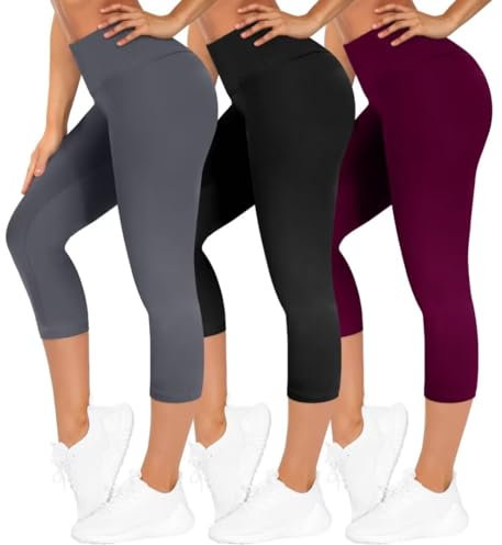 TNNZEET 3er Pack Capri Leggings Damen 3/4 für Sport, 7/8 Leggins High Waist Hose Sporthose für Gym Yoga(Schwarz/Dunkelgrau/Violett,S-M)