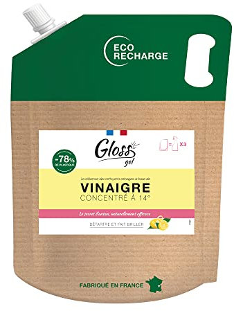 GLOSS - Vinaigre blanc 14° - Gel parfum citron - Détartre et fait briller - Formule naturelle - Contact alimentaire - Format Eco-recharge 2,5L - Economique et Ecologique - Fabrication Française
