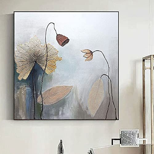 SAWEEZ Handgemalte Acryl Gemälde Auf Leinwand,Moderne Kunst, Handgemaltes Ölgemälde Auf Leinwand, Lotusblätter, Kunstbilder, Rahmenloses, Strukturiertes Kunstwerk, Extra Große Wandkunst Für Wohnzimme