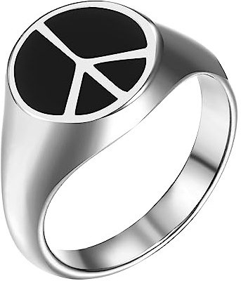 Flongo Friedenzeichen Siegelring Edelstahl Siegel Ring Vintage Frieden Ringe Peace 60er 70er Jahren Hippie Accessoire Knöchelringe stapelbar Fingerringe Bandring für Damen Herren Silber