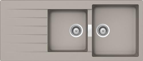 SCHOCK | Fregadero de cocina Primus D200 2 senos con escurridor, bañera reversible, material Cristalite®, gris pardo, 1160 x 500 mm
