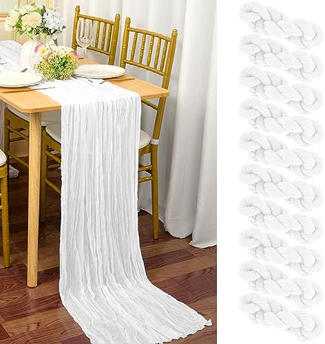10 Stück Seihtuch-Tischläufer Weiß,90 x 300 cm Rustikaler Gaze-Stoff Boho-Tischläufer Käsetuch Cheesecloth Tischläufer Hochzeit Tischdecke für Hochzeitsfeier Brautparty Tischdekoration