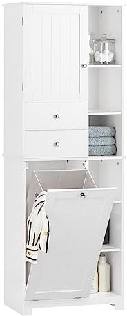 SoBuy Badezimmerschrank mit Wäschekorb Schmaler Badschrank Hoch Badregal Stehend mit 6 Ablagen und 2 Schubladen Wäscheschrank Schmal für Badezimmer Nische Weiß 60x37x171 cm BZR104-W