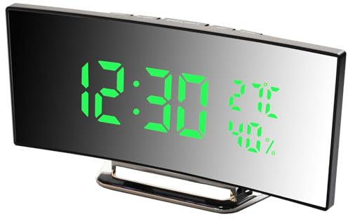 Digitaler Wecker, LED, Nachttischwecker, 12/24 Stunden, 2 Alarme, Temperatur und Luftfeuchtigkeit, Helligkeit verstellbar, Snooze, Stromversorgung USB, Speicherfunktion (Grün 01)