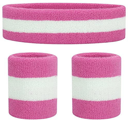 ONUPGO Schweißbänder Set Stirnband Armbänder Neon Sport Fitness 80er Kostüme Zubehör 80er Workout Outfit für Männer Frauen (Pink/White/Pink)