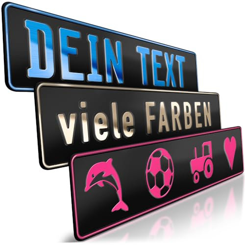 schildEVO 1 Fun-Schild geprägt | Schwarz Matt mit Wunschtext bis zu 16 Zeichen | Aluminium Namensschild | Individuelles Fun-Kennzeichen | Bohrlöcher & Saugnäpfe