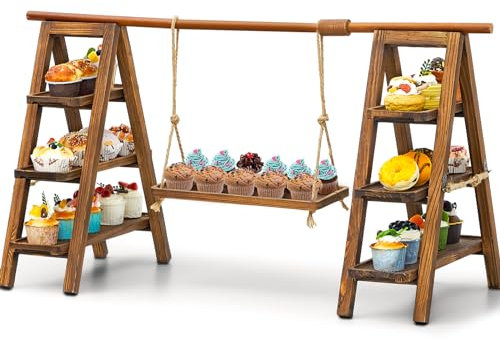 Beeveer Wooden Double 3 Tier Serving Tray Ladder Stand with Serving Platter Tray Party Food Display Set for Cake Snack Fruit Chips Bread Centerpieces(20 x 30 Inches,Dark Walnut)