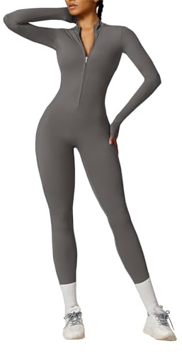 OEAK Damen Sport Jumpsuit Lang Eng Yoga Overall Langarm Rollkragen Playsuits mit Reißverschluss Nahtloser Bodysuit Bodycon Strampler Einteiler Romper,Hellgrau,XL
