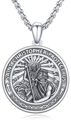 OHAYOO St Christophorus Kette 925 Sterling Silber Religiöser Amulett Halskette Sant Christophorus Anhänger Herren Beschützer Talisman Religiöser Schmuck für Herren Männer Frauen