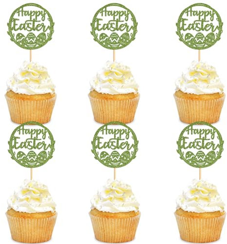 Blumomon 24 Stück Ostereier Cupcakes Grün Glitzer Happy Easter Cupcake Topper Ei Cupcake Topper für Ostern Party Kuchen Dekorationen