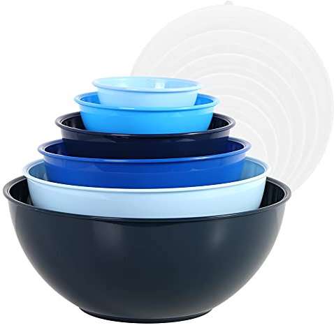 BoxedHome Mixing Bowl Set with Lid, Mixing Bowls, 12-Pack Mixing Bowl Set, Plastic Salad Bowl Non-Slip Stackable Serving Bowls for Kitchen (6 Bowls and 6 Lids, Mixed Blue)
