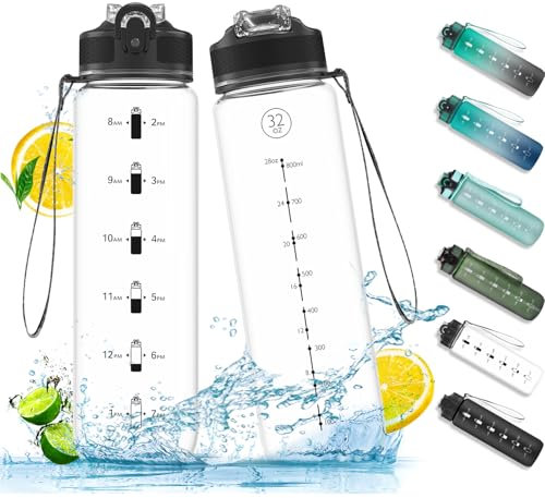 NAVTUE 1L Water Bottle with Straw, Sports Drinks Bottle with Time Markings, Leak Proof, Tritan BPA free for School/Cycling/Running (Transparent)