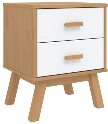 vidaXL Nachttisch, Nachtschrank mit viel Stauraum, Nachtkommode mit Holzbeinen, Nachtkästchen Nachtkonsole Beistelltisch, Weiß Braun Massivholz Kiefer