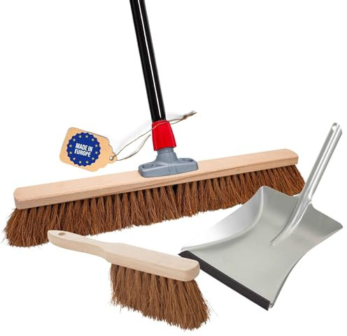 Novaliv Balai en coco de 60 cm avec manche, poils de coco et balayette galvanisée avec lèvre en caoutchouc composée d'une pelle et d'une balayette à main - Poils naturels - Idéal comme balai d'atelier