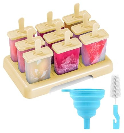 Lot de 9 moules à glace réutilisables de qualité alimentaire sans BPA avec brosse de nettoyage et entonnoir pliable en silicone (jaune clair)