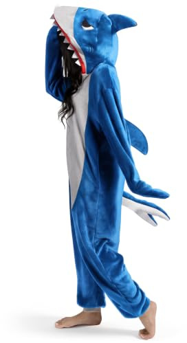 Spooktacular Creations Women Blue Shark jumpsuit Plush Costume with Hat Tail for Dress Up Role Play Party Halloween Costume-L
