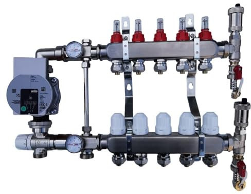 Heating-Install Festwertregelset Fußbodenheizung Heizkreisverteiler 5 Kreise Mischgruppe Temperaturregeleinheit Heizungsverteiler Energieeffiziente WILO Umwälzpumpe Mischventil Entlüftungsgruppe
