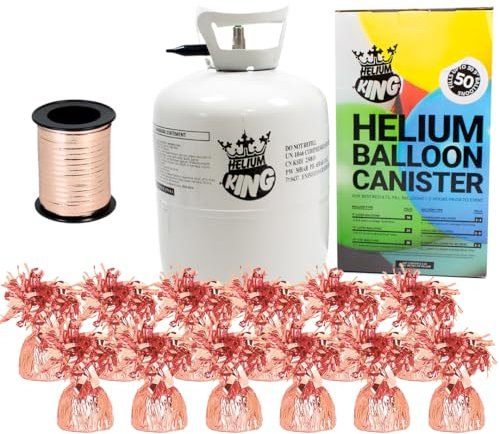Large Helium Canister with Curling Ribbon and 12 Rose Gold Foil Balloon Weights