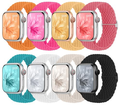 8 Stück Geflochtenes Armband Kompatibel mit Apple Watch 38mm 40mm 41mm 42mm 44mm 45mm 46mm, Elastisches Nylon Stoff Band für Apple Watch 11 10 9 SE 8 7 6 5 4 3 2 1
