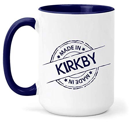 teesandmugs Made in Kirkby Ceramic Mug - Unique Gift for Home and Office - Ely Town Keepsake Souvenir (Navy)