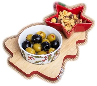 Set of 2 Christmas Serving Bowls Xmas Tree Tray Ceramic Round Star Snack Dishes