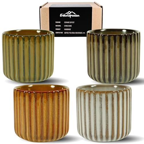 Erkundpresso. Lot de 4 Tasses à Expresso 180ml Sans Anse, Céramique Artisanale, Tazas de té japonesas, Épaisse Paroi, Lave-vaisselle & micro-onde, Coffret Cadeau - Couleurs mélangées