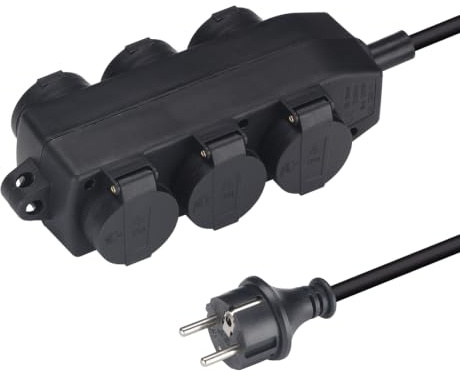 XUANSHI 6-Fach Steckdosen-Block - IP44 Außenbereich, Outdoor Verteilersteckdose mit Gummi Verlängerungskabel, Außensteckdose, Feuchtraum-Steckdosenverteiler, Garten Stromverteiler (5m, Schwarz)