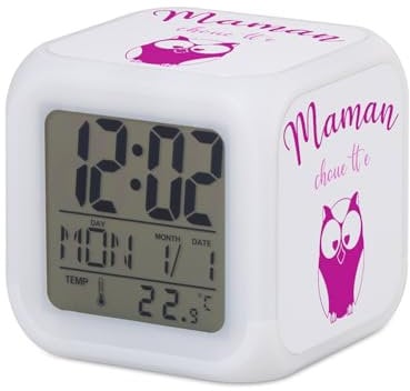 Fabulous Wecker, Würfel, beleuchtet, Weiß – Mama Eule Rosa Humor Mutter Eule – 7,8 x 7,8 x 7,8 cm – Retro Beleuchtung Mehrfarbig LED