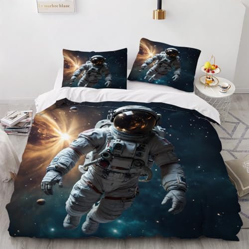 Bettbezug 135x200 cm Bettwäsche Winter 3D Astronaut Universum Muster Intensive Farbe Mikrofaser Bettwäsche Warm Sanft Bettbezug mit ReißVerschluss Und EckbäNdern + 2 Kissenbezug 80x80 cm Flauschig
