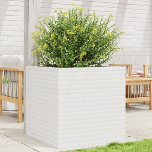 IKAYAA Jardinera Exterior Madera de Pino Impregnada, Jardinera Rectangular, Macetas Exterior, Macetas Rectangular para Cultivo de Plantas en Exterior Patio Terraza Blanco 70 x 70 x 68.5 cm