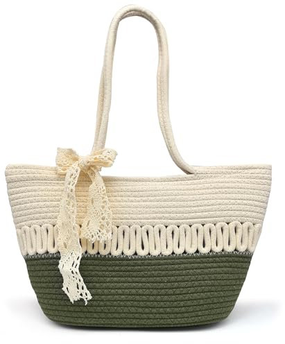 Pahajim Geflochtene Tasche Häkeltasche Korbtasche mit Reißverschluss the Tote Bag Strohtaschen Basttasche Flechttasche aus Baumwollseil Sommertaschen Damen Umhängetasche
