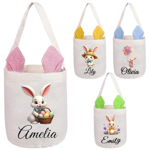 LINGYULG Cestini pasquali personalizzati per ragazze e ragazzi, cestino pasquale personalizzato con nome, design con coniglietto, perfetto per feste e bomboniere (stile 1)