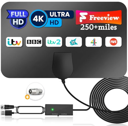 2025 Newest TV Aerial, Indoor TV Aerial with Strong Signal Booster 300+ Miles Range Reception, Freeview Aerial for Local Channels, TV Antenna Support 4K 1080P HDTV with 16.4ft Coax Cable