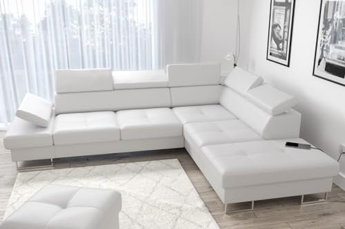 Ecksofa Galaxy 225x280 cm aus Echtleder – Ledersofa mit Schlaffunktion und Bettkasten, verstellbare Kopfstützen und Armlehnen, Eckcouch rechts oder Links wählbar – modernes Design (Weiß, Rechts)