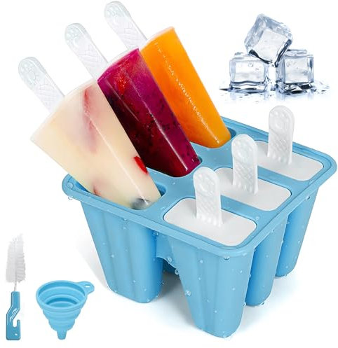 Moule à Glace, Popsicle Mold avec Brosses Et Entonnoirs Pliants, Moule Glaces Silicone Réutilisables, Sans BPA, pour Popsicles, Crèmes Glacées (Bleu, 6 Cavités)