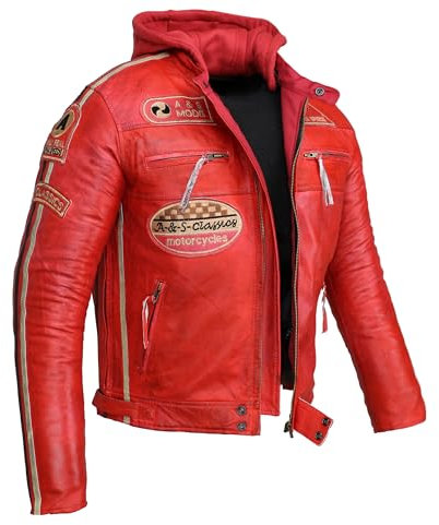 ALPHA SPEEDS Herren Motorradjacke Lederjacke Biker Jacke mit Protektoren Leder Jacke mit Kapuze Leather Jacket Fashion Jacket Custom (DE/NL/SE/PL, Alphanumerisch, S, Regular, Regular, Rot)