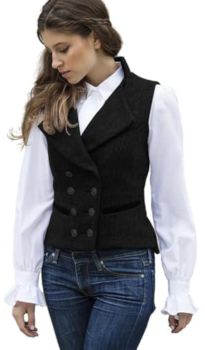 CAMDOM Gilet da donna vintage anni '50, in tweed, slim fit, con scollo a V, doppiopetto, con tasche, senza maniche, giacche