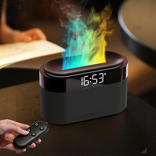 Flammen Aroma Diffuser mit Lichtwecker,Diffuser Ätherische Öle mit Fernbedienung,Wecker mit Licht,Luftbefeuchter mit Fernbedienung,Diffusor für Schlafzimmer,Büro,Spa,Hilft Beim Einschlafen,Schwarz